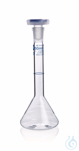 Messkolben trapezf. BLAUBRAND Kl.A DE-M, 50 ml, Boro 3.3, NS 12/21, PP-Stopfen